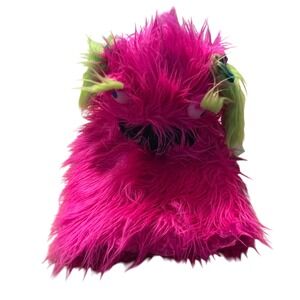 Large Fuzzy Pink Monster Hand Puppet Green Accents Goggly Eyes Fun Toy